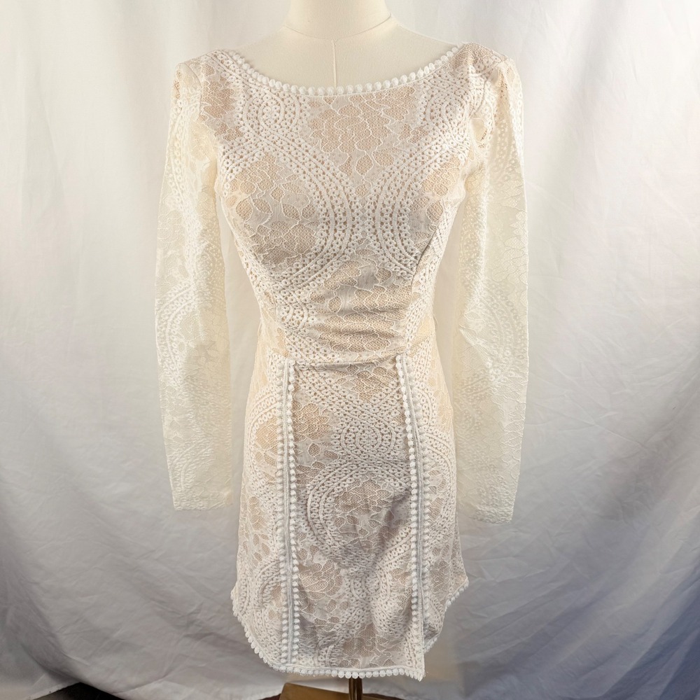 Selfie Leslie‎ Lace Overlay Long Sleeve Mini Dress XS Bridal Shower Bachelorette